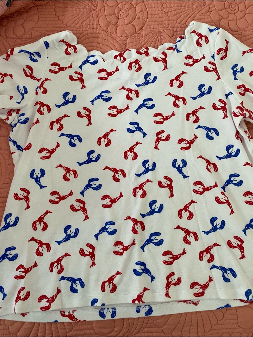 Kim Rogers White Cotton Top with Red and Blue Lobster Print